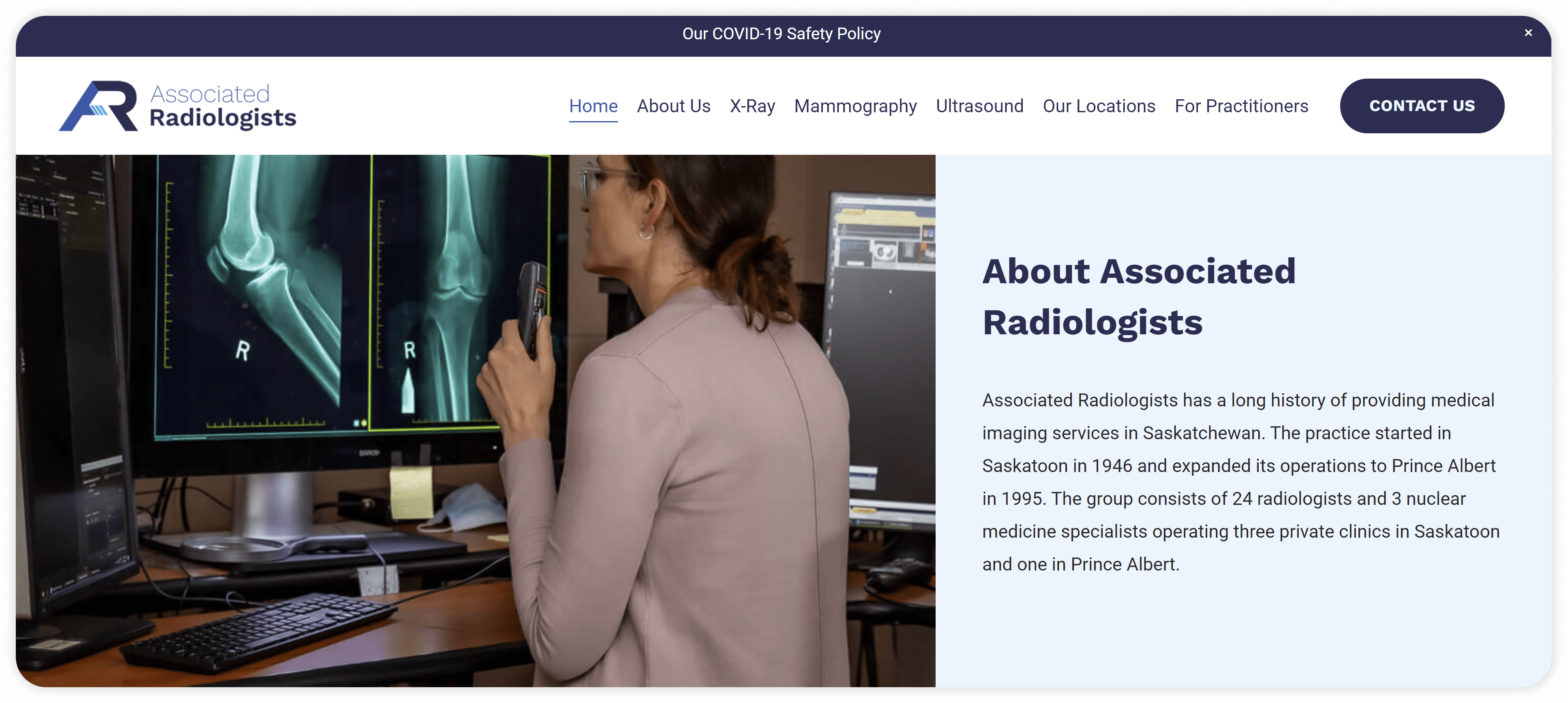 Homepage of Associated Radiologist's custom website design