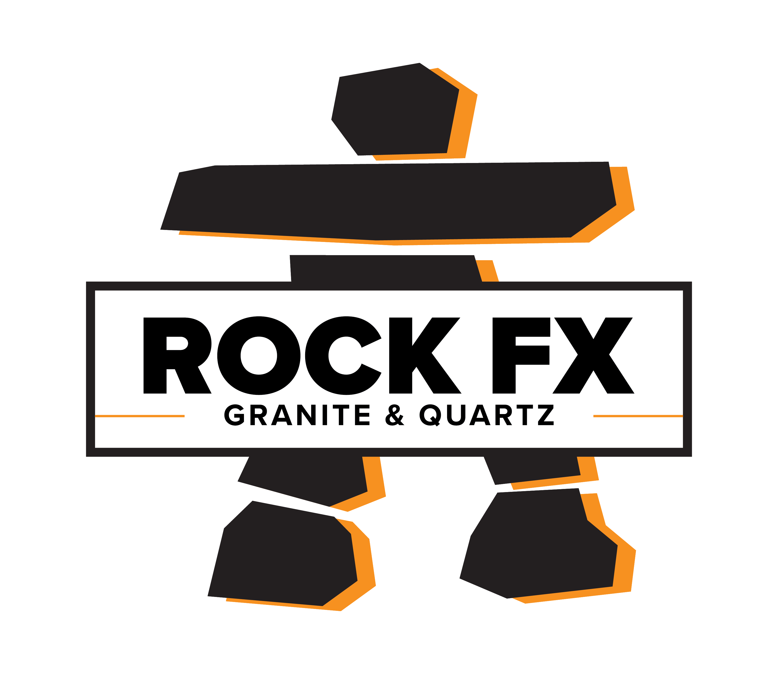 Rock FX logo with the business name appearing over a black and modern Inukshuk