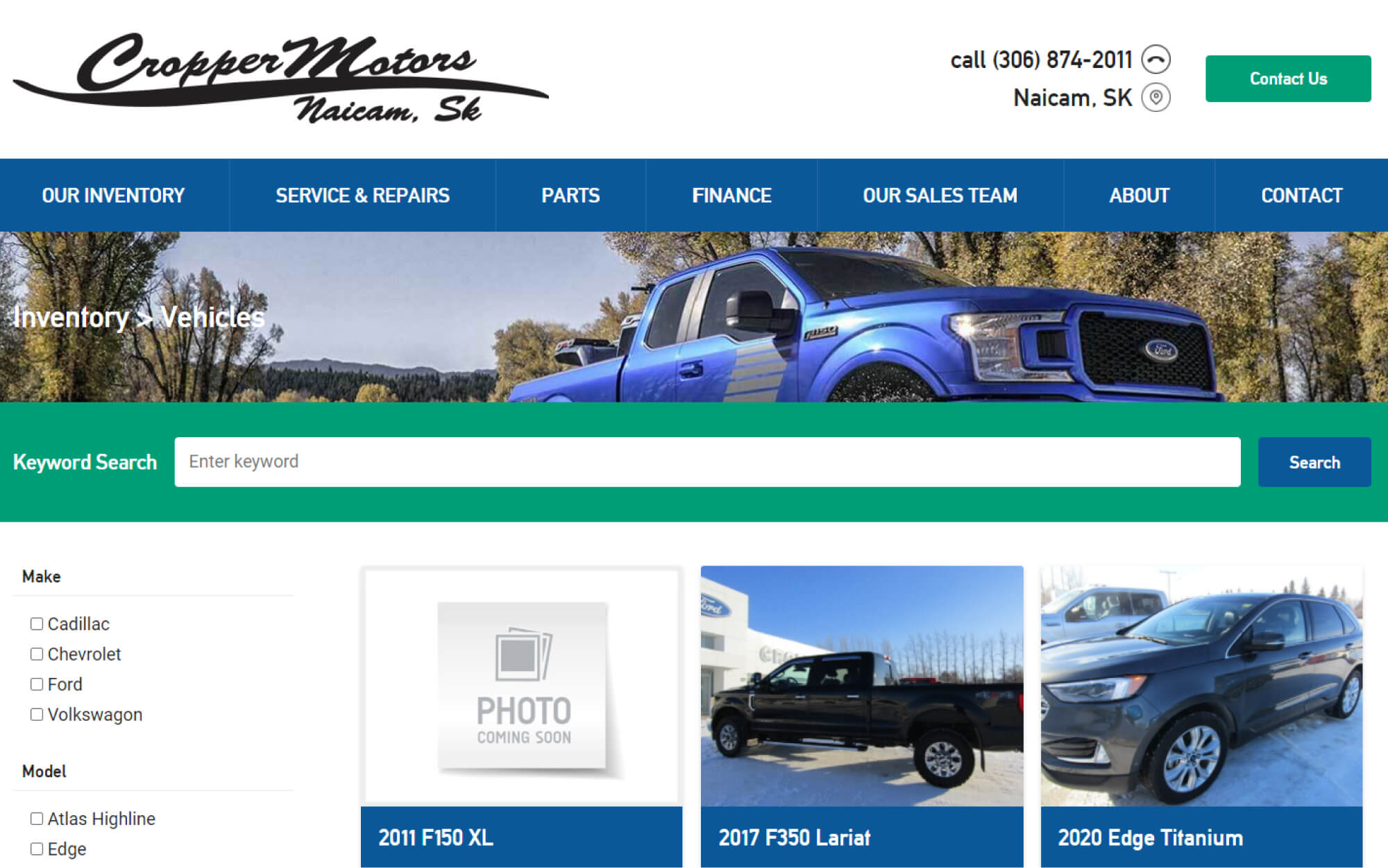 Home page of Cropper Motor's custom website