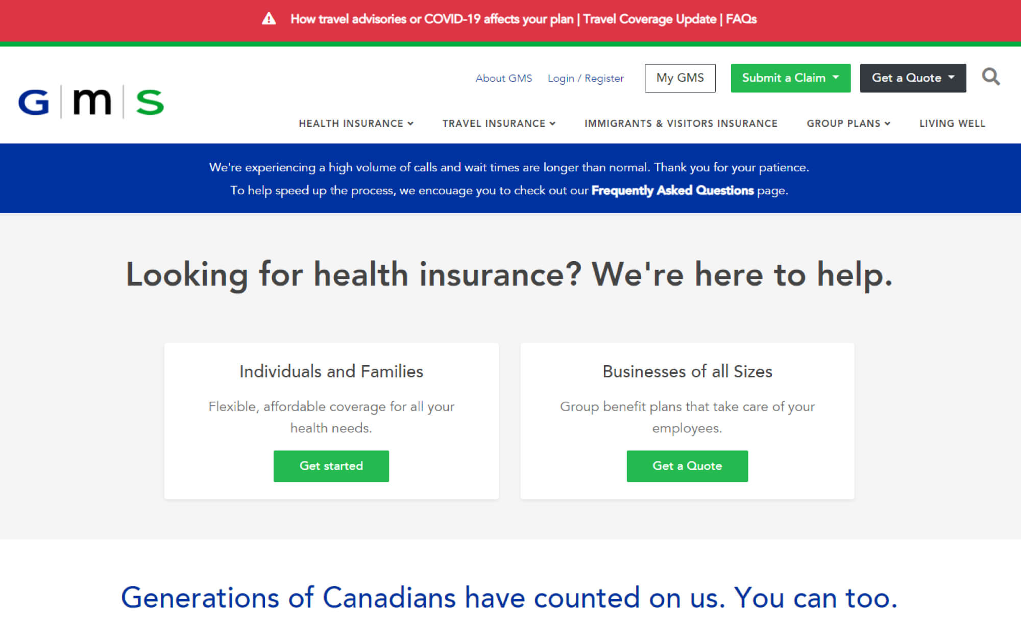 GMS squarespace website for health insurance