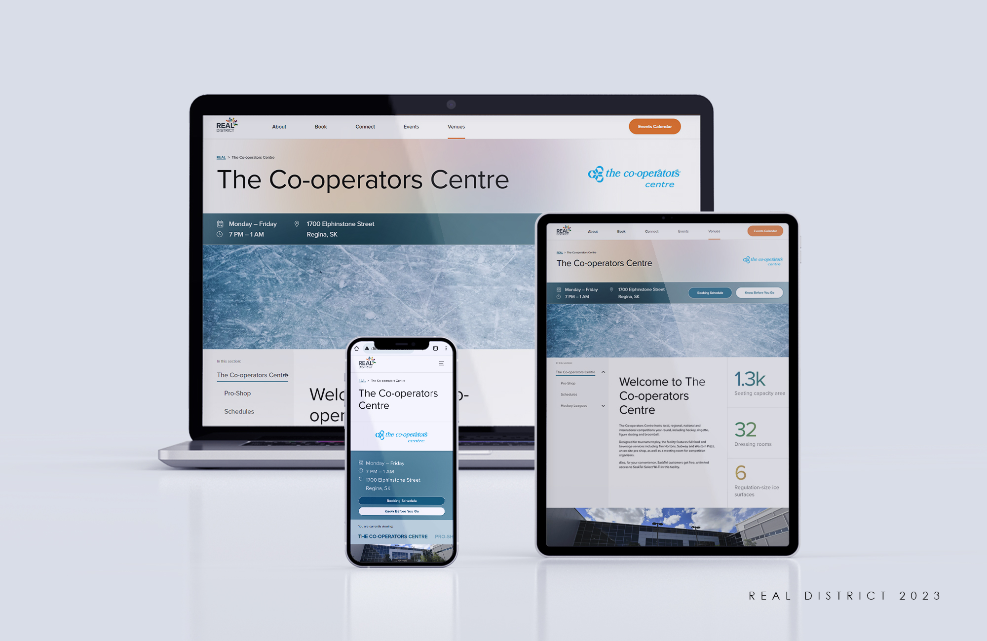 Website Mockup of the REAL District Co-operators centre after the redesign on desktop and mobile