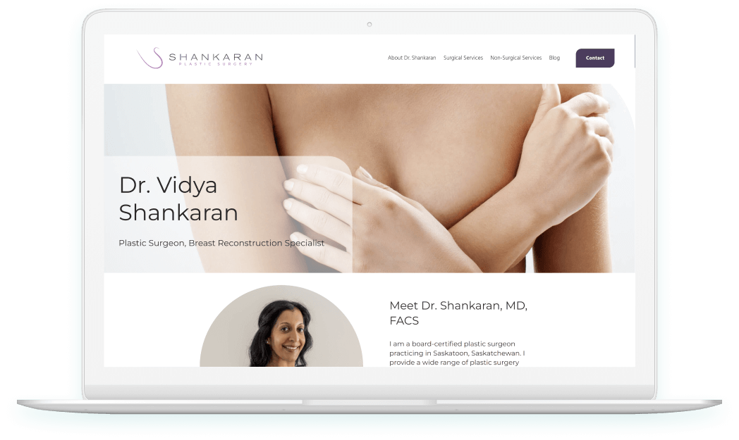 Dr. Vidya Shankaran, homepage of the custom website displayed on a laptop