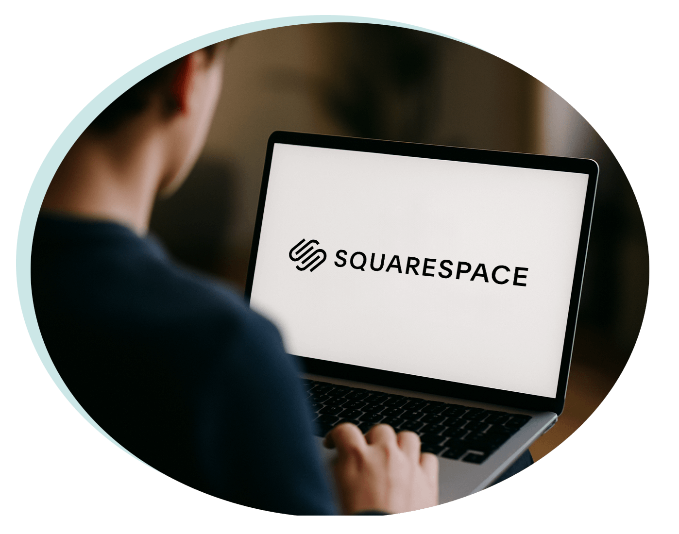 Squarespace-Circle Man working on a laptop with a Squarespace logo website in front of him - Get your Discount here
