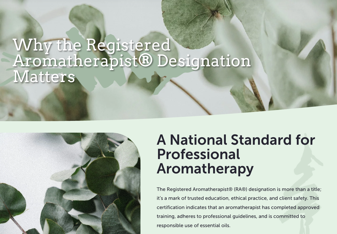 A content page with a light green background and text stating "A National Standard for Professional Aromatherapy" displayed on a laptop