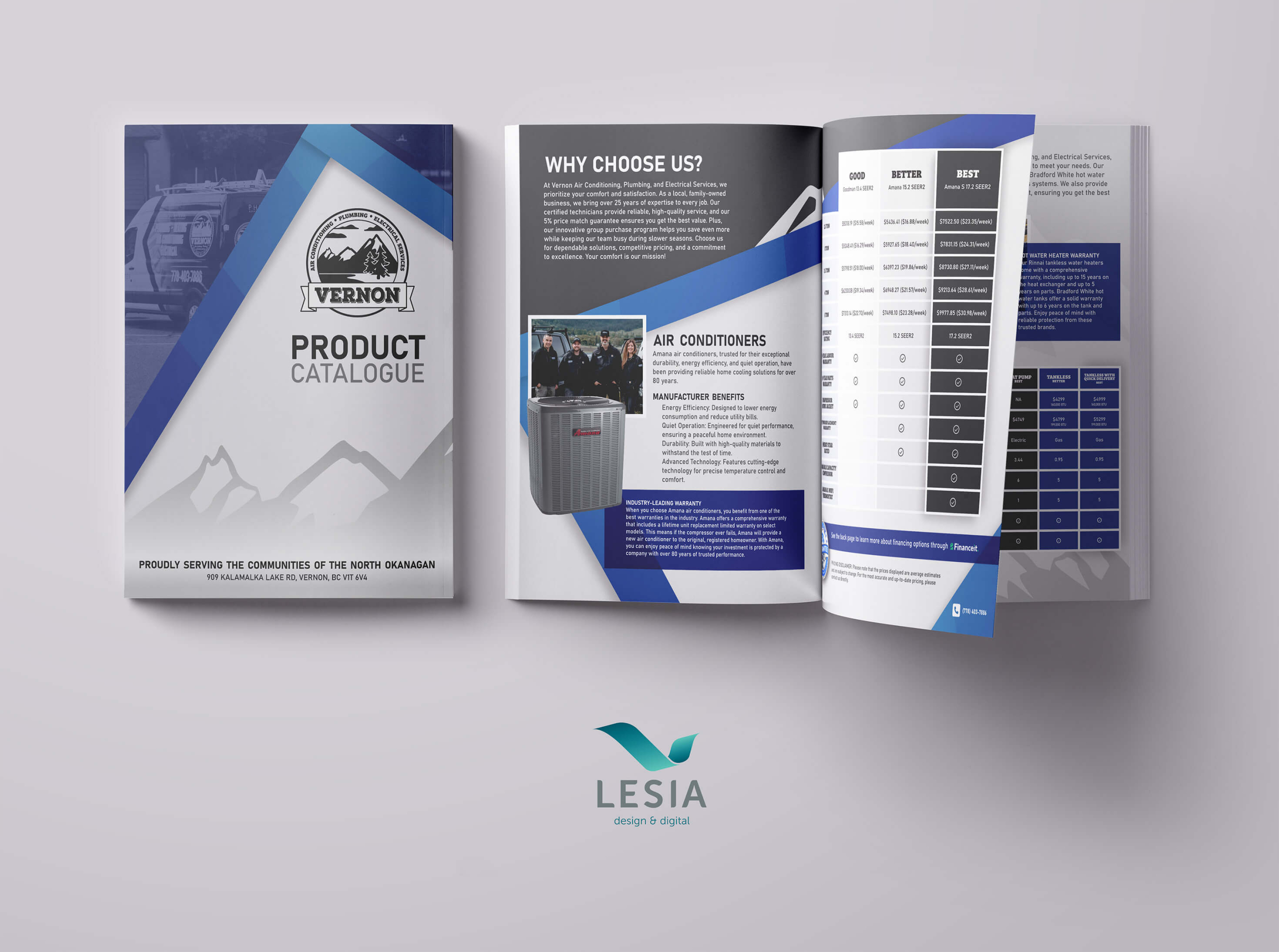 Image of Vernon AC Product Catalogue which features a crisp blue and grey colour palette