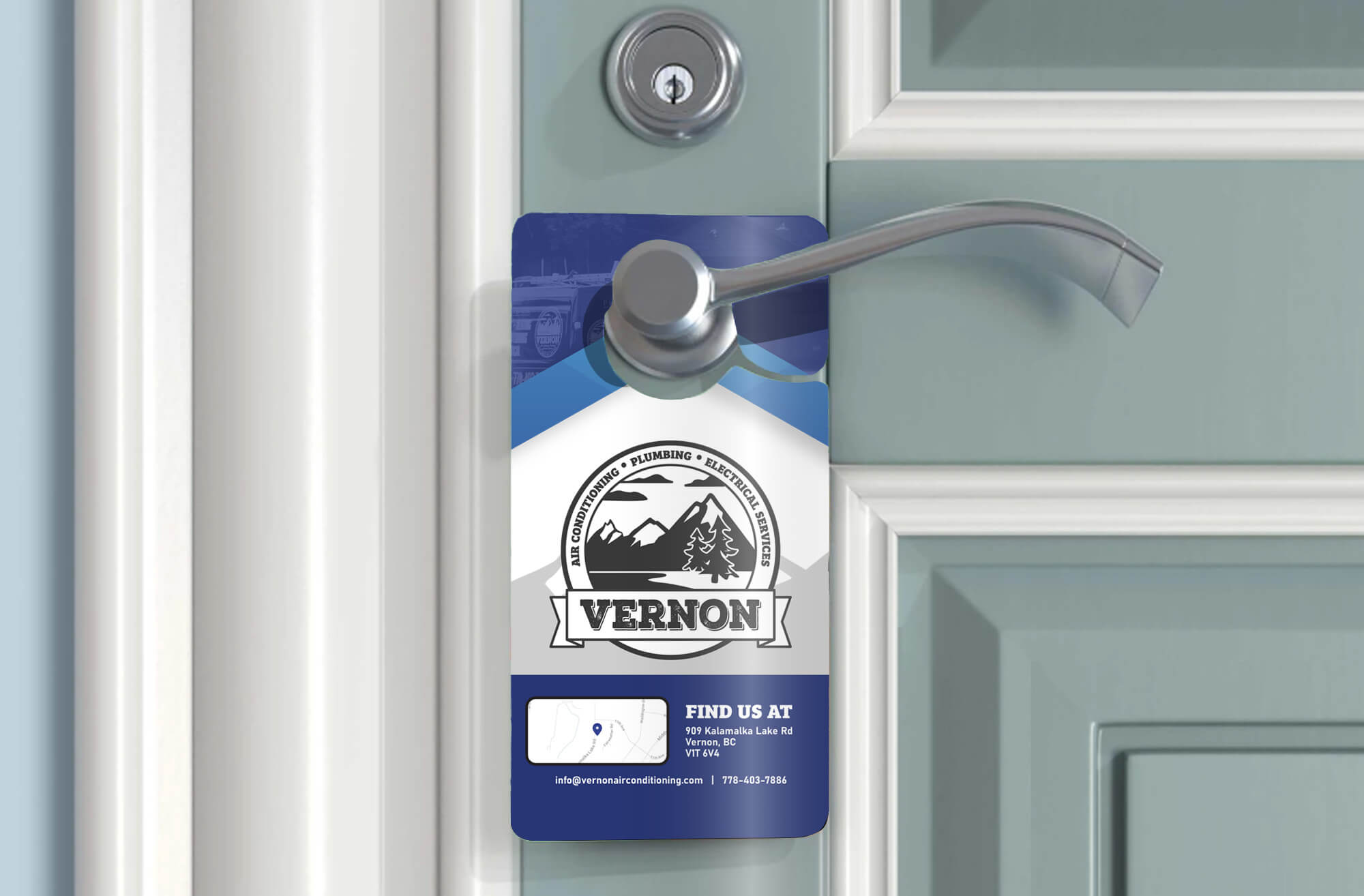 Door hanger design for Vernon Air Conditioning showing company logo, address, and contact details on a blue and grey background, hanging on a modern front door
