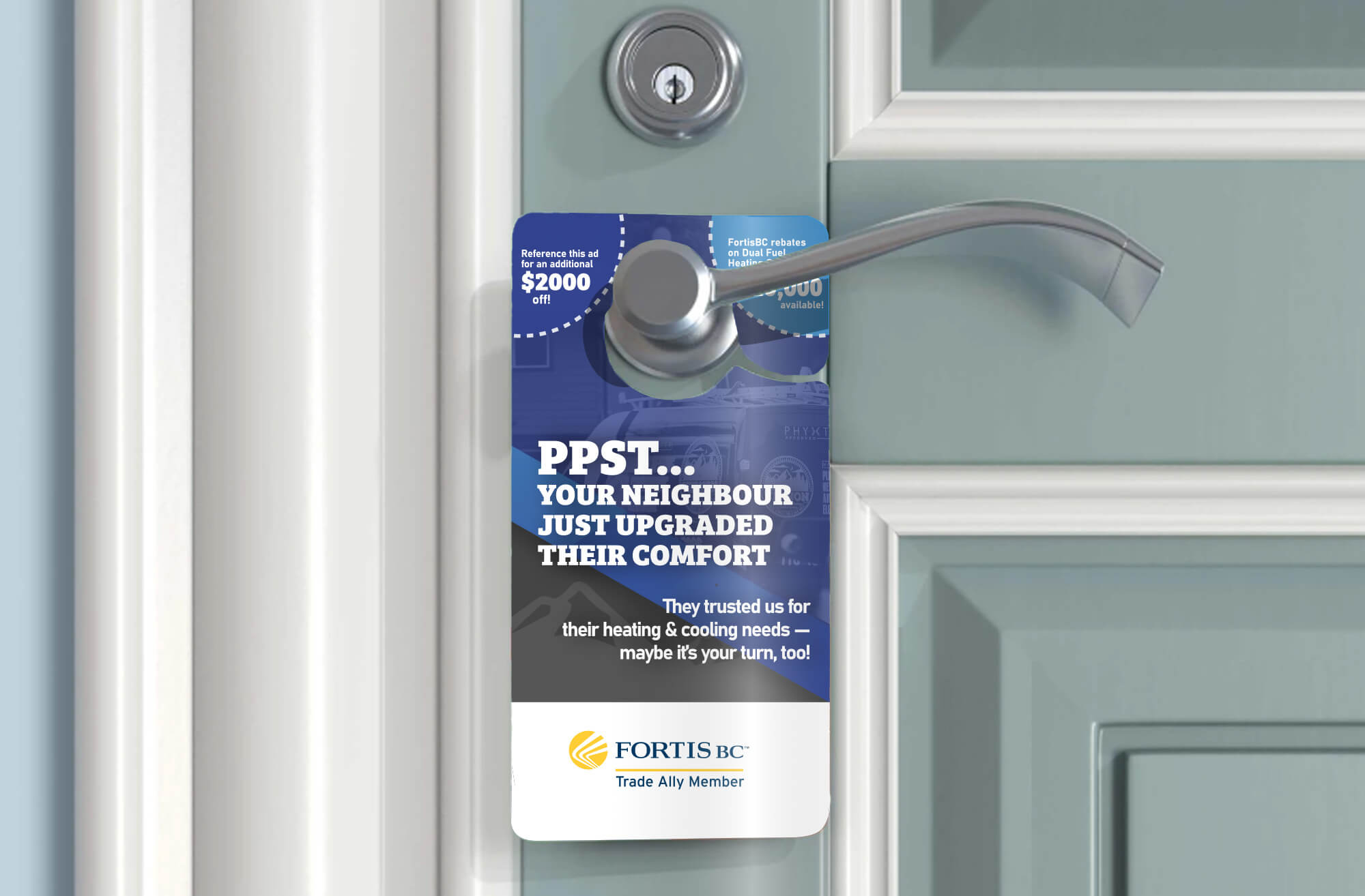 Door-Hanger-Graphic-Design-Vernon-AC2 Promotional door hanger for Vernon Air Conditioning reading ‘Psst… your neighbour just upgraded their comfort,’ featuring FortisBC rebate offer and brand colors.