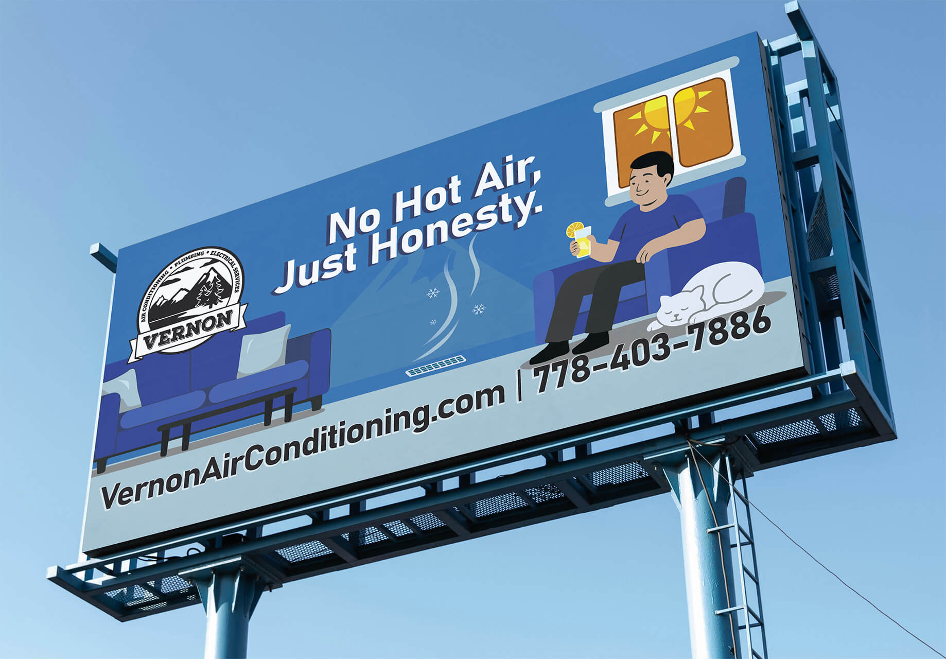 Billboard design for Vernon Air Conditioning with slogan ‘No Hot Air, Just Honesty,’ using cool blue tones and a relaxed indoor scene for summer messaging.