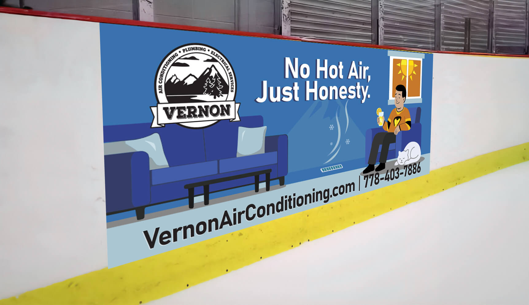 Hockey rink board ad for Vernon Air Conditioning with slogan ‘No Hot Air, Just Honesty,’ featuring a cool-toned living room scene and relaxed homeowner illustration.