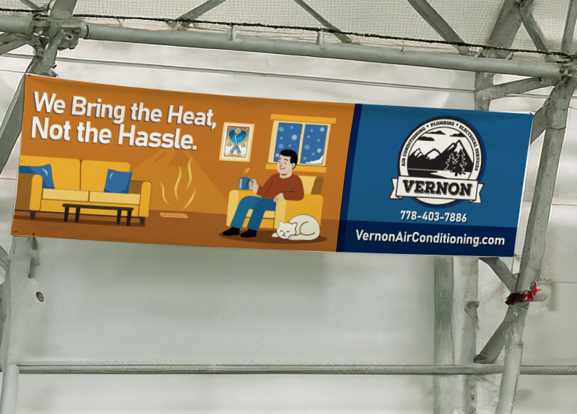 Indoor pickleball court banner for Vernon Air Conditioning with slogan ‘We Bring the Heat, Not the Hassle,’ featuring cozy home illustration and subtle pickleball details.
