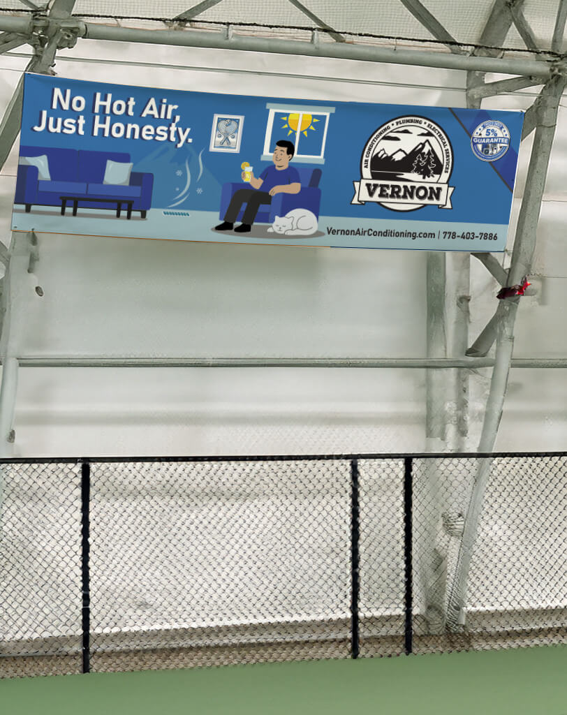 pickleball-large-tall Pickleball banner ad for Vernon Air Conditioning with slogan ‘No Hot Air, Just Honesty,’ showing cool indoor scene and small pickleball graphic elements.