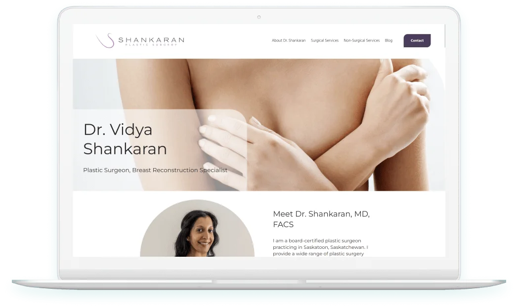 Dr. Vidya Shankaran, homepage of the custom website displayed on a laptop
